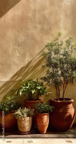 Sunlight filters through plants in terracotta pots