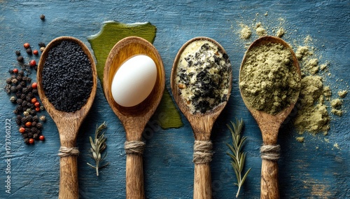 Four wooden spoons holding various culinary ingredients, positioned on a blue textured surface.  A raw egg sits atop one spoon, while the others are filled with spices and herbs
