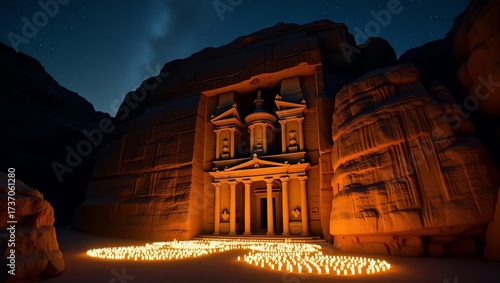 Petra Treasury facade illuminated by candlelight at night