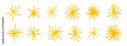 Yellow crayon hand drawn stars and sparkles set. Golden rough brush stroke shine element pack for collage, poster, sticker, label. Sketched pencil asterisks. Gold doodle sparks collection. Vector