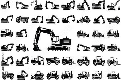 Construction vehicle silhouette set, heavy machinery illustration, excavator, bulldozer, forklift, dump truck, industrial engineering equipment vector, building and road work design