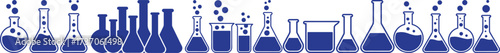 Collection of various chemistry lab glassware icons, including flasks and test tubes, ideal for science, laboratory research, education, and medical design concepts.