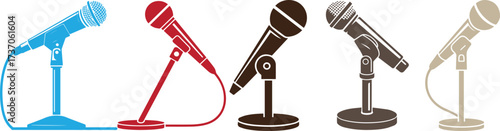 Colorful microphone icons on stands, ideal for podcast, broadcasting, public speaking, audio recording, music production, and media-related creative design projects.