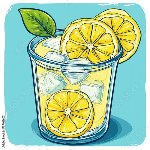 Refreshing illustration of a glass filled with lemonade, ice cubes, and lemon slices.