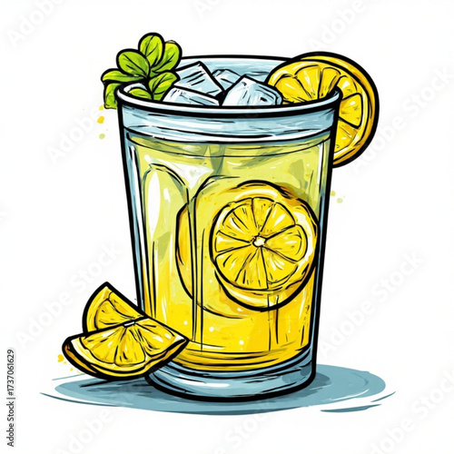 A refreshing glass of lemonade with ice, lemon slices, and mint garnish, illustrated in a stylized cartoon.