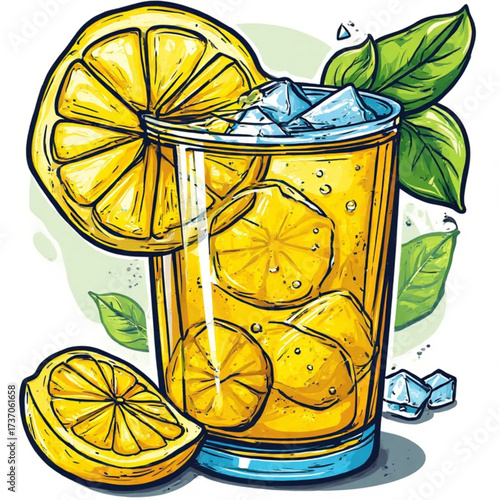 A refreshing glass of lemonade with ice cubes, lemon slices, and basil leaves, illustrated in a vibrant style.