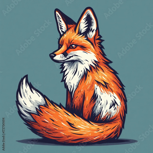 A stylized illustration of a fox, depicted in a seated position with a curious gaze, rendered with vibrant colors.