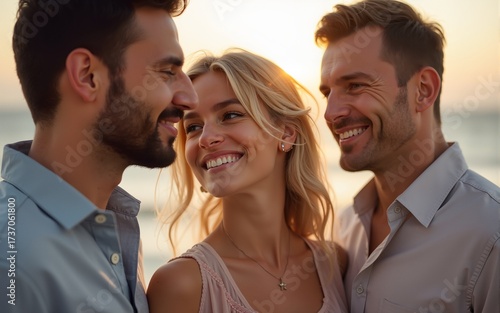 Beautiful blonde girl and two men. High quality