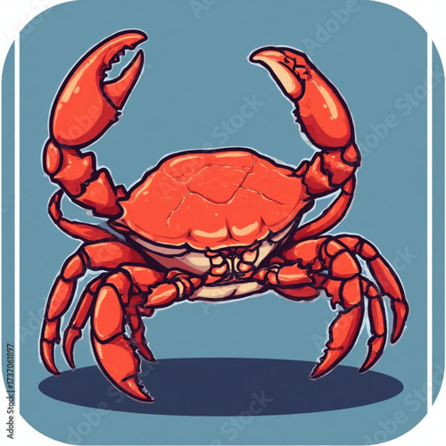 Cartoon illustration of a bright orange crab with raised claws against a blue background.
