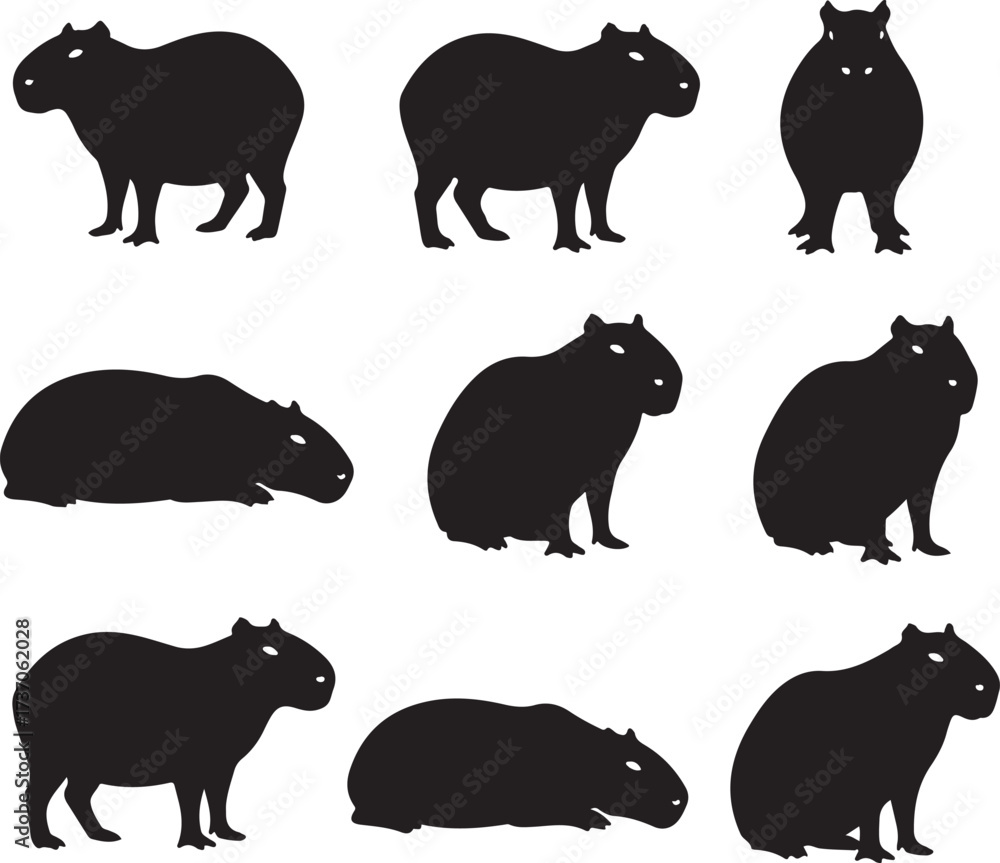 Fototapeta premium Capybara Silhouette Array: A collection of various capybara silhouettes, captured in diverse poses and angles, offering a versatile asset for graphic design and wildlife-themed projects.