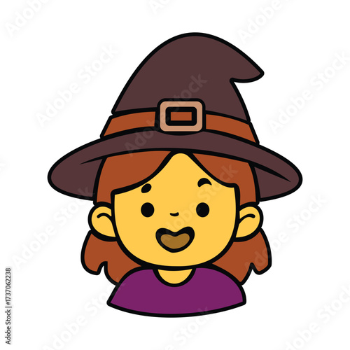 Cheerful Cartoon Witch Character in Brown Hat. Halloween Illustration with Yellow Face and Purple Shirt