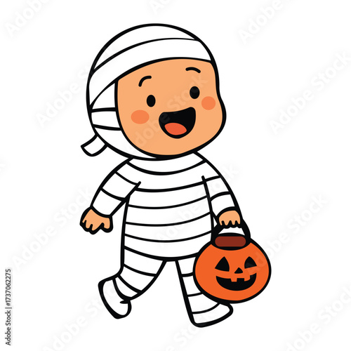 Cartoon Mummy Kid with Pumpkin Candy Bucket. Cute Halloween Character Illustration on White Background