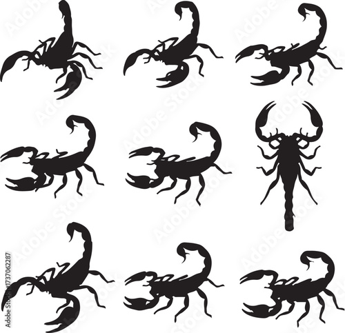 Scorpion Silhouette Collection: A striking collection of scorpion silhouettes, capturing the predatory essence of the arachnid in bold black against a clear background.