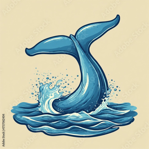 A blue whale's tail breaches the water, creating splashes and waves in a stylized illustration.