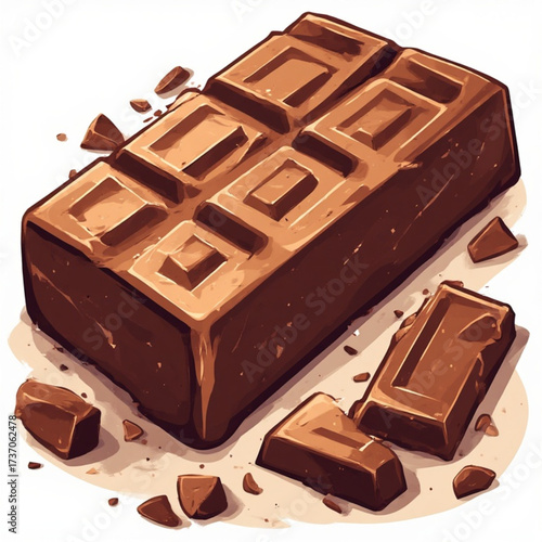 A chocolate bar with segments, some broken pieces scattered around it.