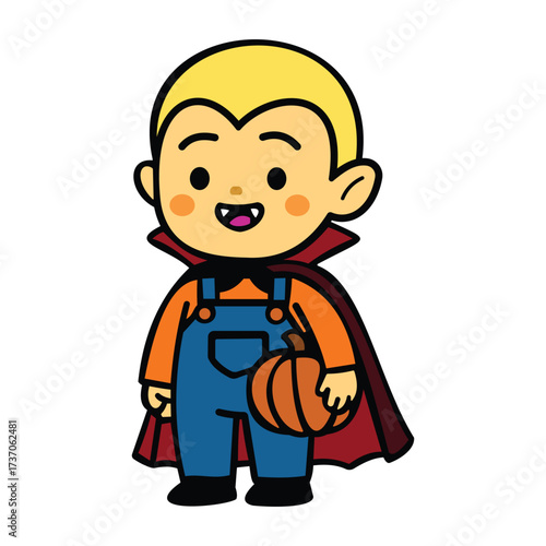 Cartoon vampire kid with pumpkin, cheerful Halloween character illustration