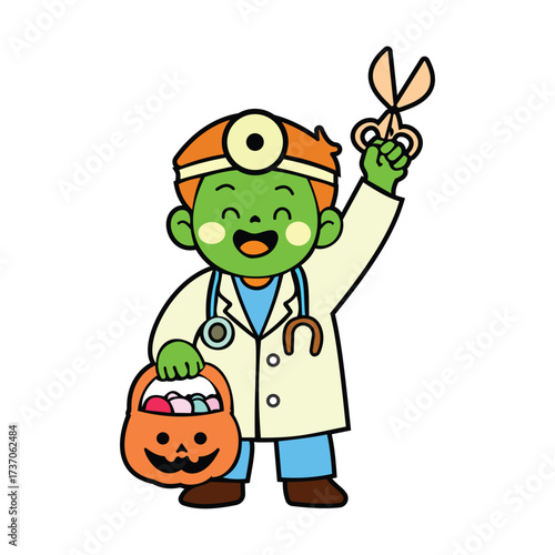 Halloween Cartoon Doctor with Pumpkin Candy Basket – Green-Skinned Character in Lab Coat Holding Scissors