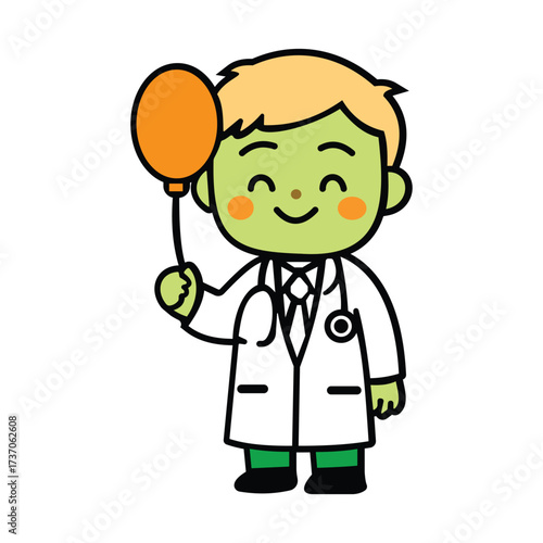 Cartoon doctor with green skin and balloon, playful medical character illustration for kids content and healthcare branding.
