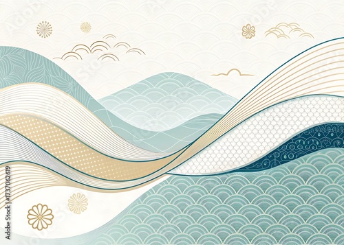 Abstract japanese landscape with wavy mountains and floral motifs