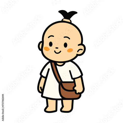 Cartoon Child with Topknot and Shoulder Bag. 