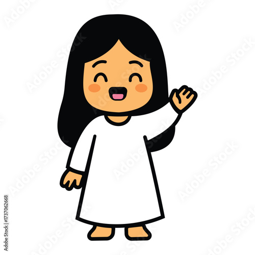Cartoon girl waving in white dress, smiling character illustration for kids content, branding, and educational media.