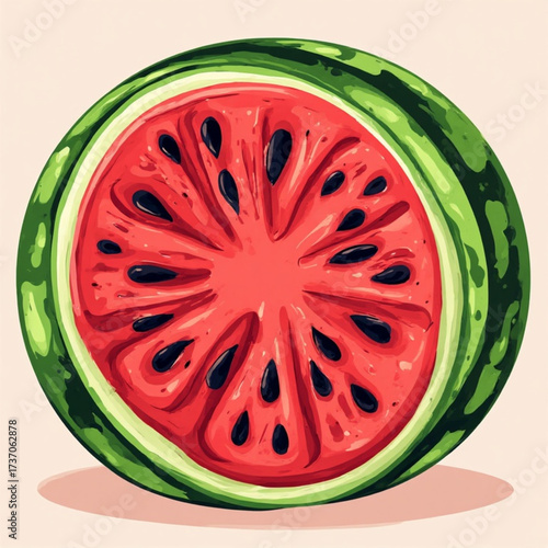 A vibrant illustration showcasing a cross-section of a juicy watermelon, revealing its red flesh and black seeds.