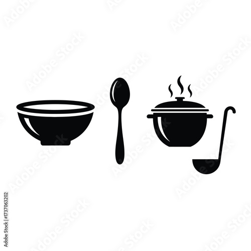 Black and white illustration of a bowl, spoon, pot, and ladle for cooking.