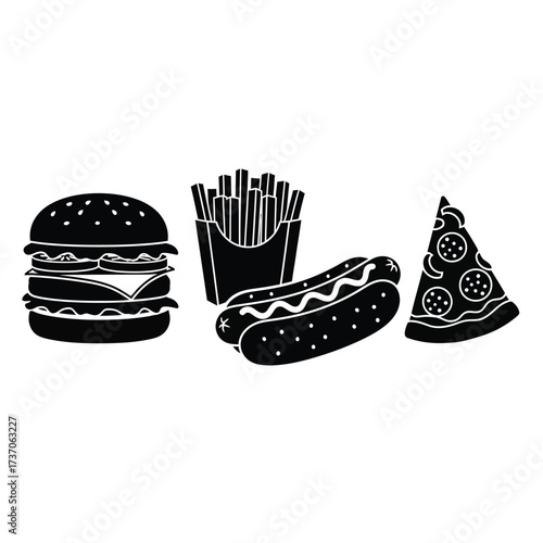 Black and white illustration of fast food items: burger, fries, hotdog, pizza.