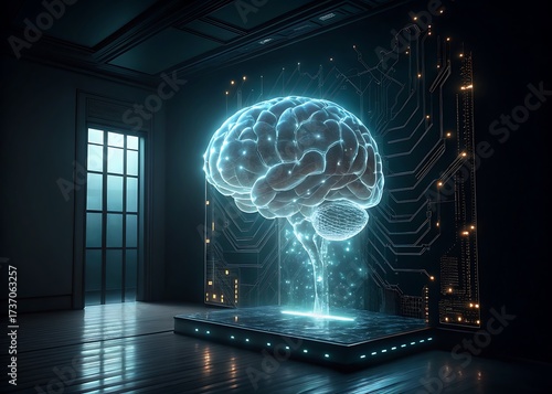 Glowing futuristic brain hologram in a dark room
