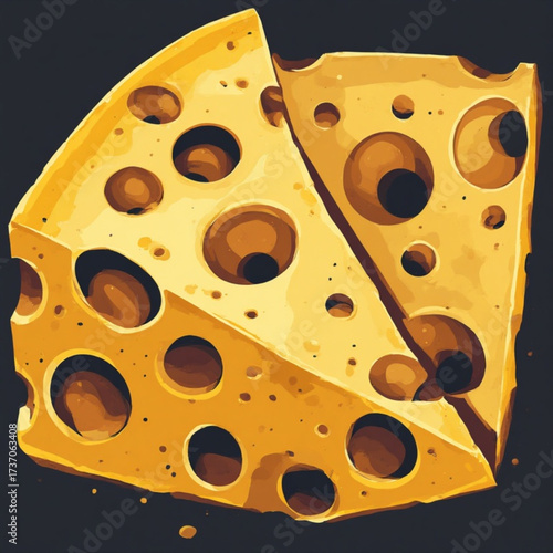 A stylized illustration of two cheese wedges, one sliced, with many holes.
