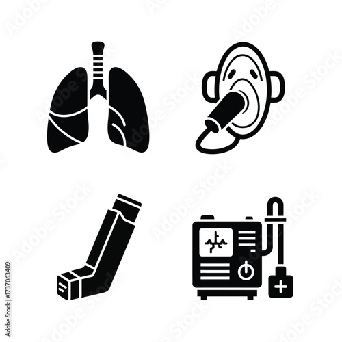 Medical icons for respiratory health, including lungs, oxygen mask, inhaler, and nebulizer machine.