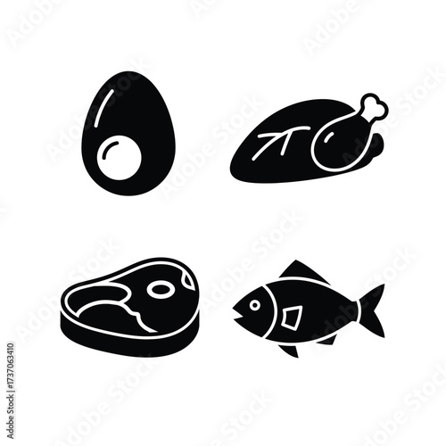 Black and white illustration of various food items, including an egg, chicken, steak, and fish.