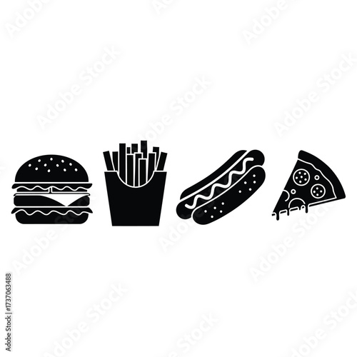 A collection of four classic fast food icons: a hamburger, french fries, a hot dog, and a slice of pizza.