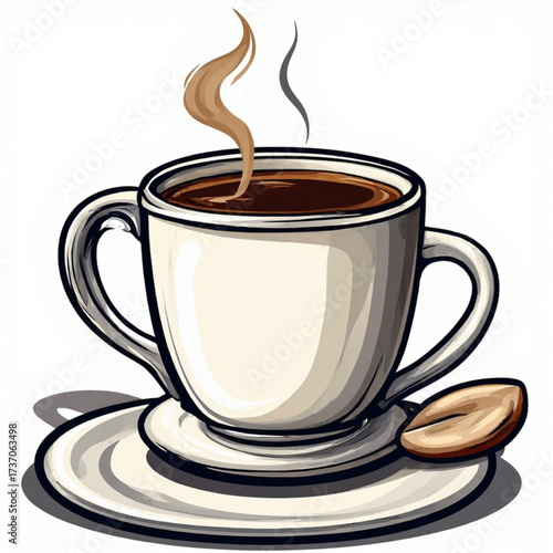A steaming cup of coffee sits on a saucer, next to a coffee bean.