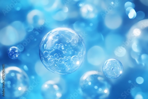 Wallpaper Mural Abstract Blue Background Floating Molecular Bubbles, Science, Skincare, Hydration, Scientific Illustration Torontodigital.ca
