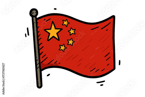 Chinese flag vector illustration in a hand-drawn doodle style. National symbol of China, waving red banner with yellow stars. Sketch icon for patriotic design, travel, and culture.