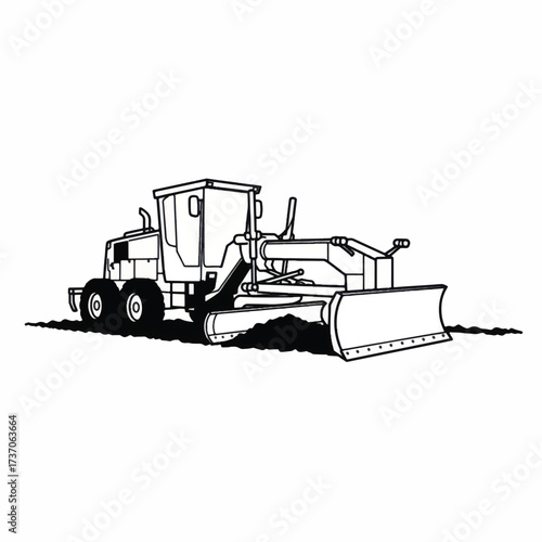Black and white illustration of a road grader construction vehicle.