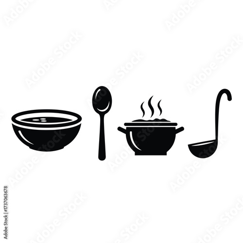 Soup bowl, spoon, pot, and ladle icons in black and white.