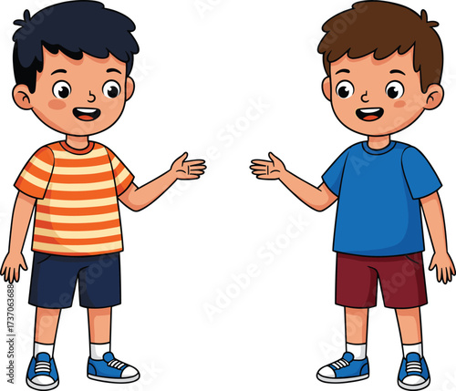 Cartoon boys talking illustration, children conversation clipart, happy kids interaction drawing, friendship communication artwork, educational child character design, playful schoolmates graphic, 