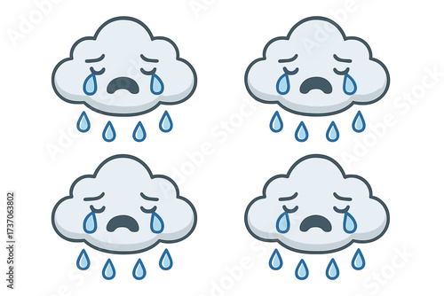Sad crying cloud character emoticon set. Vector illustration of cute cartoon weather icons. Concept for depression, grief, sadness, bad mood, despair, and sorrow.