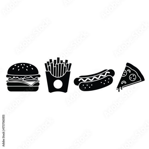 Black and white icons of fast food: burger, fries, hot dog, and pizza.