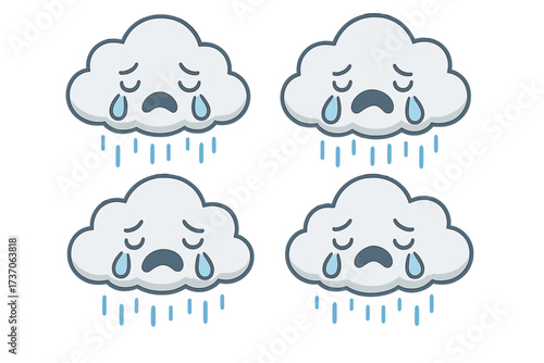 Sad crying cloud character emoticon. Cute weather icon set. Concept of sadness, grief, depression, bad mood. Rainy day tears. Unhappy face expression. Vector pack for stickers.