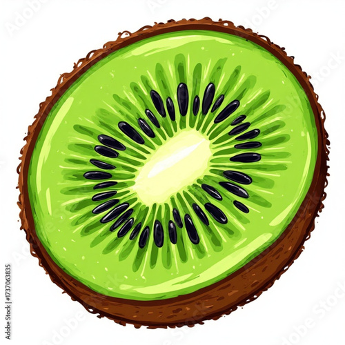 A vibrant, stylized illustration of a halved kiwi fruit, showcasing its green flesh and black seeds.