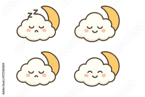 Cute cloud emoji set with moon. Kawaii character emoticon collection with happy, sad, and sleeping faces. Vector weather icons for stickers, nursery decor, and good night themes.