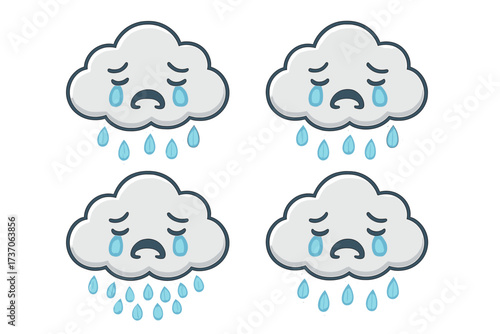 Sad crying cloud character emoticon set. Vector illustration of weather mascot feeling sorrow and grief. Rain as tears. Depression, despair, and bad mood concept sticker.