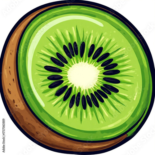 Illustration of a halved kiwi fruit, showcasing its green flesh, black seeds, and brown skin.