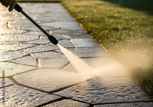 Powerful pressure washing of outdoor stone pathway at sunrise