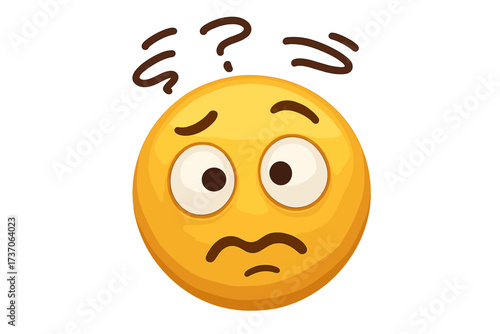 Confused and disoriented emoticon with question mark. Vector illustration. Concept of being puzzled, lost, having a problem, anxiety, feeling dizzy, thinking hard, worry.