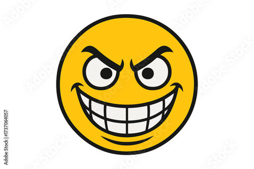 Crazy emoticon vector with a big naughty and evil smile. Grinning emoji icon with a mischievous facial expression. Yellow face character symbol for bad or villainous concepts.