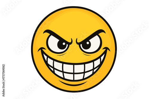 Crazy evil emoticon vector with a big naughty smile. Grinning emoji icon with a devious, sinister face. Mischievous character illustration for pranks, jokes, bad behavior concepts.
